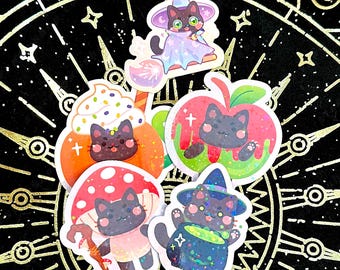 Spooky Cat Sticker Pack of 5 | 39 Cat Colors | Star Holo Water-resistant Die Cut Stickers