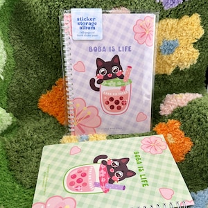 Boba Black Cat Reusable Sticker Book Album | A5 5.8 x 8&quot; 100 pages sticker paper