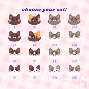 May include: A grid of sixteen cartoon cat faces with different color patterns and expressions, each numbered. The text "choose your cat!" is at the top. The background is a pink and white checkered pattern. The website address is at the bottom.