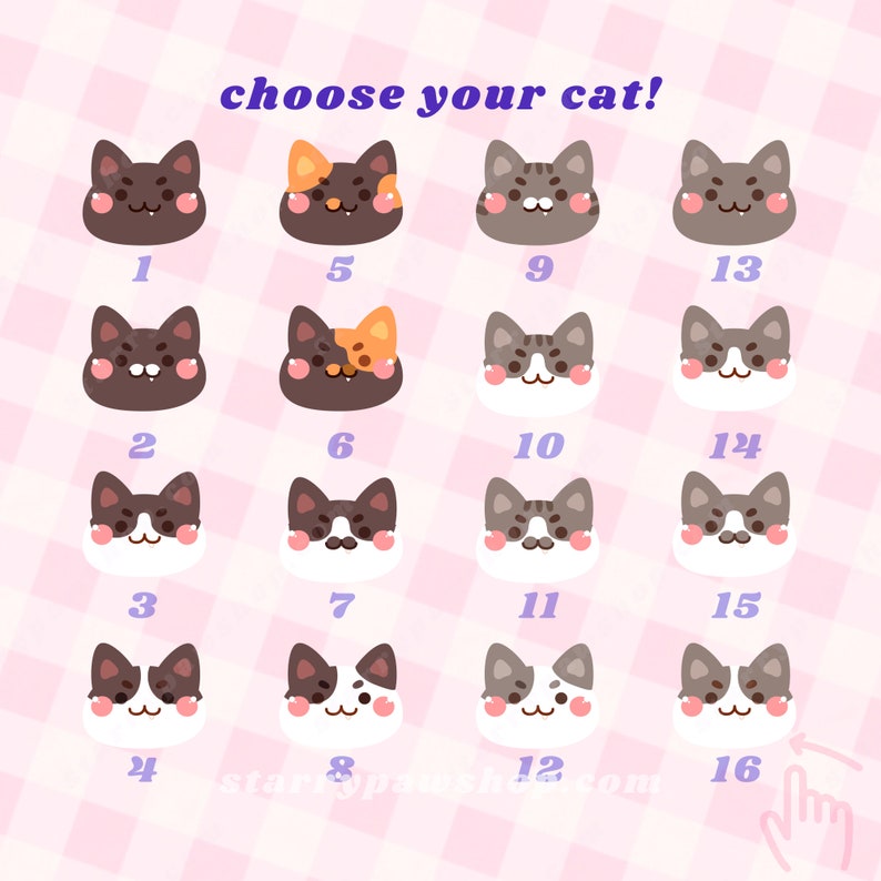 May include: A grid of sixteen cartoon cat faces with different color patterns and expressions, each numbered. The text "choose your cat!" is at the top. The background is a pink and white checkered pattern. The website address is at the bottom.