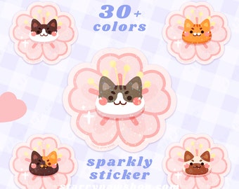 Sakura Cat Stickers | 30+ Cat Colors Cherry Blossom Pink Flower | 3&quot; waterproof star holo die cut for water bottle flask laptop journal gift