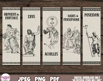 Digital Bookmark, Greek Mythology Bookmark (Achilles, Orpheus, Eurydice, Poseidon, Hades, Persephone, Zeus, Ancient Classics, Greek Gods)