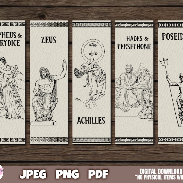 Digital Bookmark, Greek Mythology Bookmark (Achilles, Orpheus, Eurydice, Poseidon, Hades, Persephone, Zeus, Ancient Classics, Greek Gods)