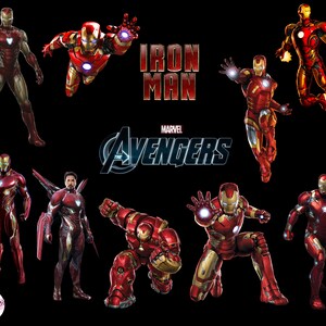 May include: A collage of nine images featuring Iron Man, a superhero from the Marvel universe. The images show Iron Man in various poses and costumes, including his classic red and gold armor, a more modern silver and red suit, and a Hulkbuster suit. The text "IRON MAN" and "AVENGERS" is also featured in the collage.