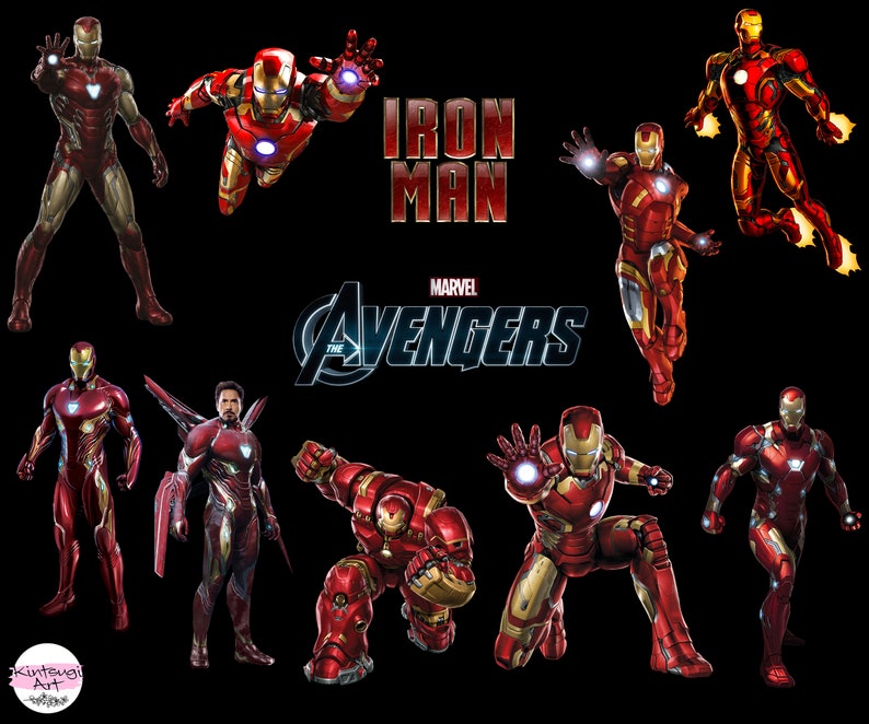 May include: A collage of nine images featuring Iron Man, a superhero from the Marvel universe. The images show Iron Man in various poses and costumes, including his classic red and gold armor, a more modern silver and red suit, and a Hulkbuster suit. The text "IRON MAN" and "AVENGERS" is also featured in the collage.