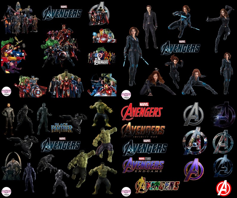 May include: A collage of images featuring characters and logos from the Marvel Cinematic Universe's Avengers franchise. The images include the Avengers logo, the Infinity War logo, the Endgame logo, and various characters such as Iron Man, Captain America, Thor, Hulk, Black Widow, and Black Panther.