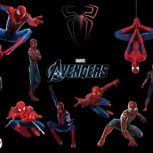 May include: A collage of nine images featuring Spider-Man in various poses and costumes. The images are set against a black background with the words "Marvel's The Avengers" in white text.