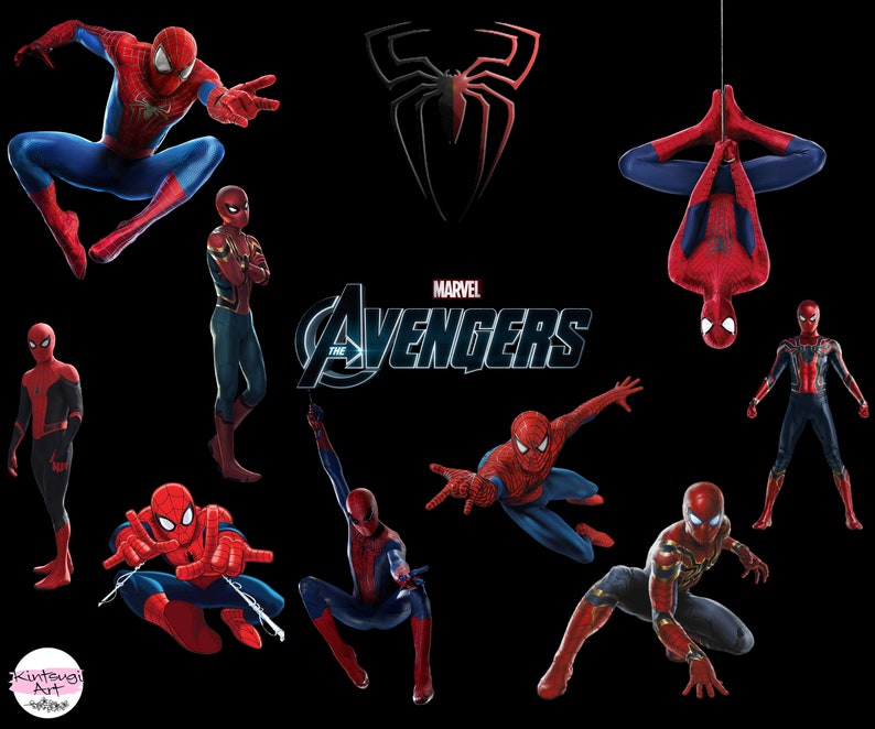 May include: A collage of nine images featuring Spider-Man in various poses and costumes. The images are set against a black background with the words "Marvel's The Avengers" in white text.