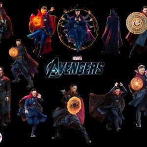 May include: A collage of images featuring the Marvel character Doctor Strange in various poses. He is wearing a red and blue robe with a cape and holding a glowing orb. The text "MARVEL THE AVENGERS" is displayed at the bottom of the image.