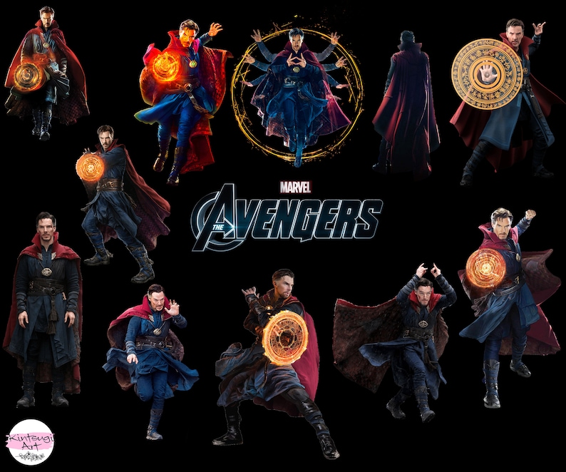 May include: A collage of images featuring the Marvel character Doctor Strange in various poses. He is wearing a red and blue robe with a cape and holding a glowing orb. The text "MARVEL THE AVENGERS" is displayed at the bottom of the image.