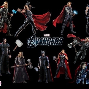 May include: A digital illustration of nine Marvel Avengers characters, including Thor, with the words "Marvel The Avengers" in the center.