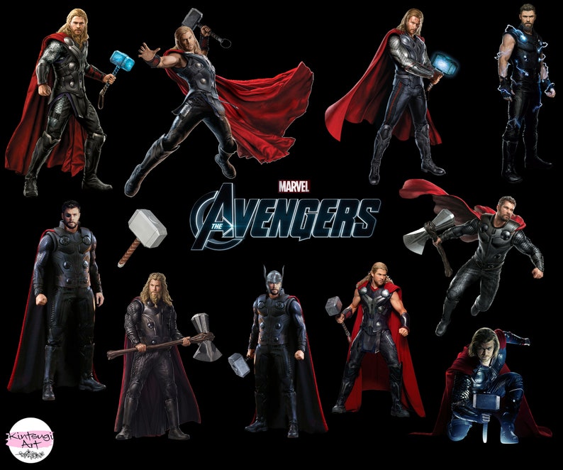 May include: A digital illustration of nine Marvel Avengers characters, including Thor, with the words "Marvel The Avengers" in the center.