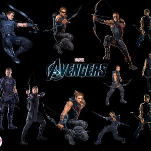 May include: A collage of 10 images featuring a superhero character, Hawkeye, from the Marvel Avengers franchise. Hawkeye is depicted in various poses, holding a bow and arrow, wearing a black and purple costume. The images are set against a black background with the Marvel Avengers logo in the center.
