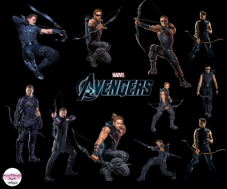 May include: A collage of 10 images featuring a superhero character, Hawkeye, from the Marvel Avengers franchise. Hawkeye is depicted in various poses, holding a bow and arrow, wearing a black and purple costume. The images are set against a black background with the Marvel Avengers logo in the center.
