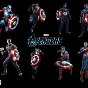 May include: A collage of eight images featuring Captain America, a superhero from the Marvel Comics universe. The images show Captain America in various poses, including standing, running, and fighting. The images are set against a black background with the words "Marvel's The Avengers" in white text.