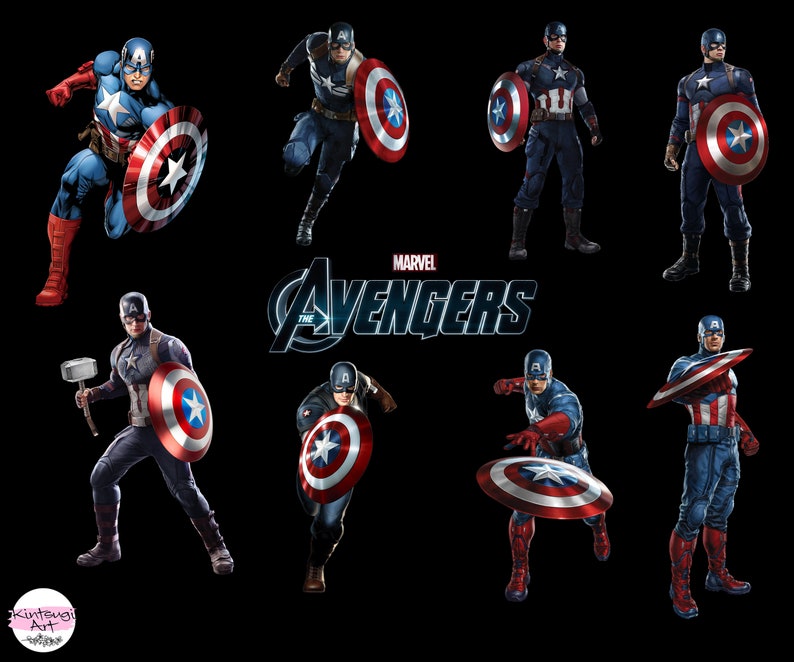 May include: A collage of eight images featuring Captain America, a superhero from the Marvel Comics universe. The images show Captain America in various poses, including standing, running, and fighting. The images are set against a black background with the words "Marvel's The Avengers" in white text.