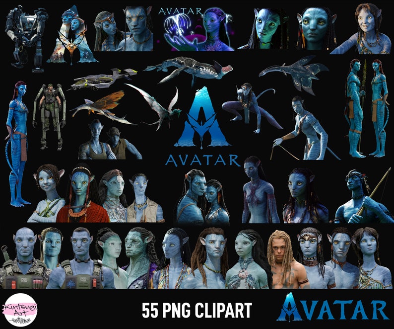 Peut inclure: Une collection de 55 images PNG clipart repr&eacute;sentant des personnages et des cr&eacute;atures du film Avatar. Les images comprennent des personnages Na'vi &agrave; peau bleue, une grande cr&eacute;ature marine et une combinaison robotique.