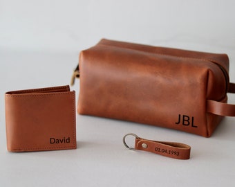 Personalized Dopp Kit Bag Wallet Keychain Combo Gift, Groomsmen Gift, Christmas Gift, Leather Toiletry Bag, Leather Men Wallet, Gift for Him