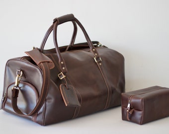 Personalized Leather Duffle Bag Set, Dopp Kit and Luggage Tag, XL Travel Bag