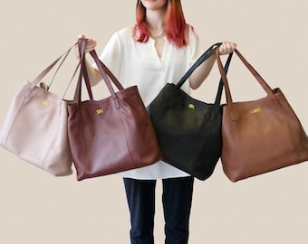 Leather Tote Shoulder Bag Personalized Gifts Laptop Work Student Bag Mother’s Day Gift Soft Leather Purse Bridesmaid Gift for Her Girlfriend