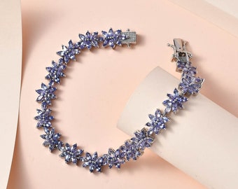 Marquise cut Tanzanite Tennis flower Bracelet in Sterling Silver, December Birthstone, Women bracelet, Tanzanite Gemstone, Gift for her.