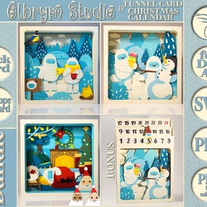 Yeti Village Bundle, Christmas magic Tunnel Card Countdown Calendar 3D Pop up Advent Digital Template printable SVG and PDF instant download