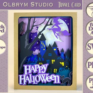 Joyeux Halloween, carte tunnel 3D maison hantée, sorcière et chat noir pop-up, modèle numérique, SVG et PDF à télécharger instantanément