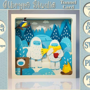 Yeti Village Episode 1, Winter Holiday magic Tunnel Card, 3D Decoration Card Digital Template, printable, SVG and PDF for instant download