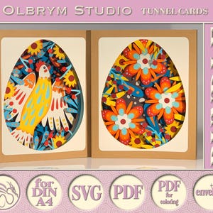 Motif de Pâques 2 fleurs d'oiseaux magiques de la forêt, oeuf de Pâques, tournesol, décor ester, modèle numérique de carte folk tunnel 3D, téléchargement immédiat de PDF SVG