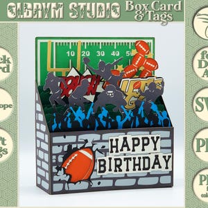 Cartão-presente pop-up de futebol americano, cartão de feliz aniversário, cartão de felicitações Touchdown 3D, modelo digital de esporte com bola, download instantâneo de PDF SVG