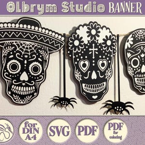 Black and White Skulls and Spiders Banner Set 1 Digital Template, printable, SVG and PDF for instant download