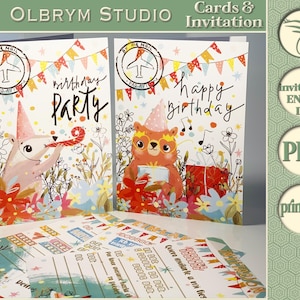 Cute Forest Animals Happy Birthday Card and Invitation, universal greeting card printable, Last Minute Cards PDF English Spanish Deutsch