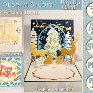 Christmas Forest Pop Up Card, Santa Deer and Rabbits greeting card, Winter Wonderland Xmas 3D card Digital Template SVG PDF instant download