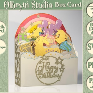 Magical Unicorns Gift Card, Girl&#39;s Happy Birthday card, Rainbow Wishes, 3D greeting card, Box Card Digital Template SVG PDF instant download
