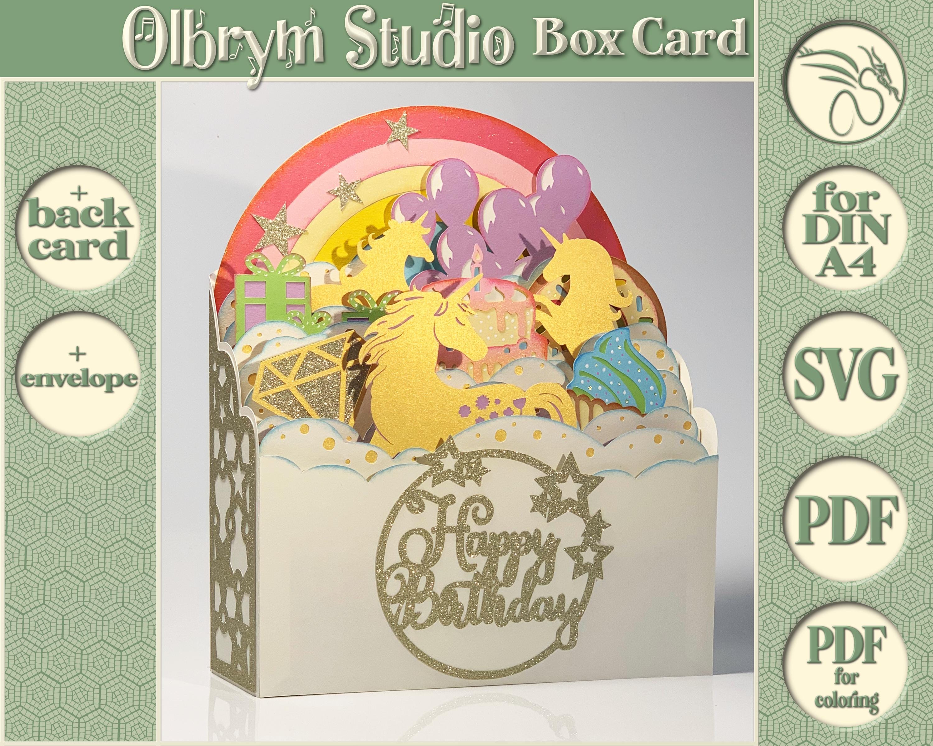 Magical Unicorns Gift Card, Girl's Happy Birthday card, Rainbow Wishes, 3D greeting card, Box Card Digital Template SVG PDF instant download