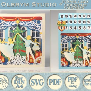 Op de afbeelding: Een 3D pop-up kerstkaart met een winterscène met twee dansers voor een kerstboom. De kaart is ontworpen als een kerst-adventskalender met de nummers 1-24 aan de voorkant. De kaart heeft de titel "Tunnel Card & Christmas Calendar".