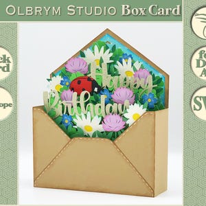 Carta de feliz cumpleaños con flores y mensaje de buena suerte, caja con amuleto de la suerte, tarjeta de felicitación con flores emergentes, tarjeta 3D, digital, descarga instantánea SVG