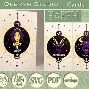 Biglietto di auguri zodiacale terrestre, biglietto celeste Vergine Toro Capricorno, costellazione, modello digitale, stampabile, SVG e PDF, download immediato