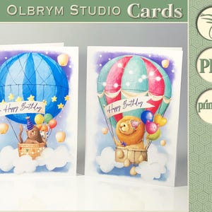 Cat and Lion in the hot air balloon Happy Birthday greeting card printable, Happy Birthday card, Last Minute Cards