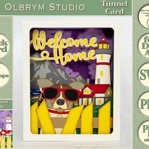 Hund und Meer welcome home meerblick Grüße Tunnel Karte Leuchtturm 3D Pop Berge Deko Digitale Vorlage SVG und PDF zum sofortigen Download