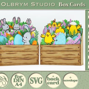 Cartão de felicitações de coelhinhos e galinhas fofos, caixa de cartão de feliz aniversário com flores de Páscoa e ervas, presente rústico pop-up, cartão 3D Digital SVG para download instantâneo