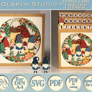 Gnomes magical Village Tunnel Card, Christmas Countdown Calendar, 3D Pop up Advent, Deco Digital Template, SVG and PDF for instant download