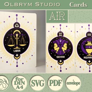 Air Zodiac-wenskaart, kaart Celestial Tweelingen Weegschaal Waterman, sterrenbeeld, digitale sjabloon, afdrukbaar, SVG en pdf voor directe download