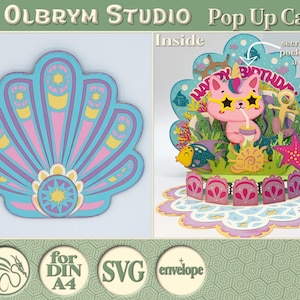 Carte pop-up surprise océan, carte de voeux coquillage, carte 3D sirène chat effrayant, poisson, corail, vibrations de la mer modèle numérique SVG téléchargement immédiat