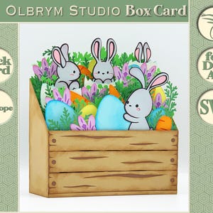 Carte de voeux mignon lapins, Pâques, carte de boîte de joyeux anniversaire fleurs herbes, cadeau pop-up rustique, carte 3D de la ferme, téléchargement immédiat de SVG numérique