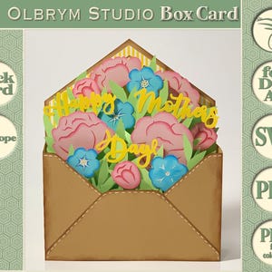 Brief met bloemen, Happy Mother's Day-boxkaart, pop-upkaart, cadeaukaart, wenskaart, 3D-kaart, digitale sjabloon, SVG-pdf-direct downloaden