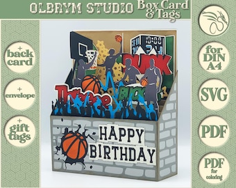 May include: A handmade basketball-themed box card with a gray brick wall design. The card features basketball players, basketballs, and the words "Happy Birthday." The card also includes the text "Three" and "Dunk".