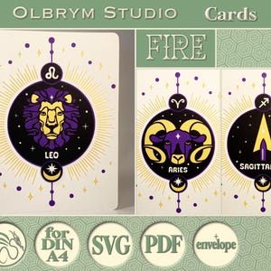 Fire Zodiac-wenskaart, kaart hemelse Leeuw Ram Boogschutter, sterrenbeeld, digitale sjabloon, afdrukbaar, SVG en pdf, instant download