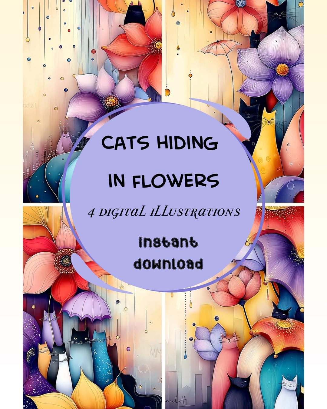 Whimsical Cats and Flowers Art Print – Vibrant Fantasy Cat Illustration ...