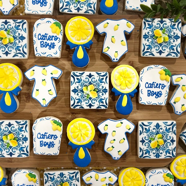 Lemon Baby Shower cookies, Baby Shower, Amalfi Coast baby shower cookies, Mediterranean Tiles